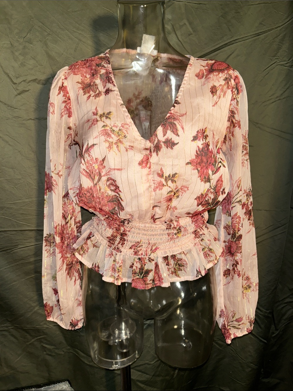 VENUS Pink Floral V-Neck Smocked Peplum Blouse